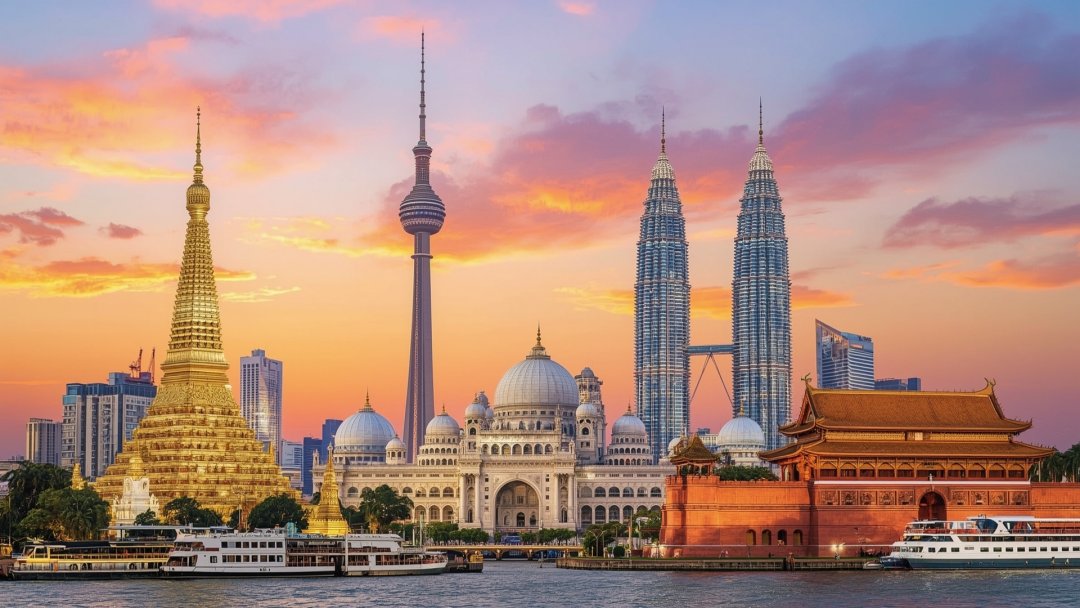 Collage with some of the most famous monuments of the capitals of Asia Famous monuments of Asian capitals